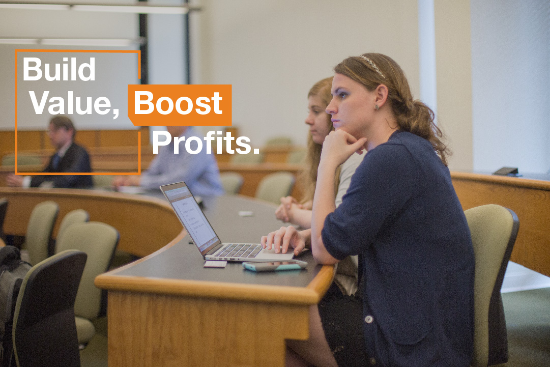 students in lecture-style classroom with text: Build value, boost profits.