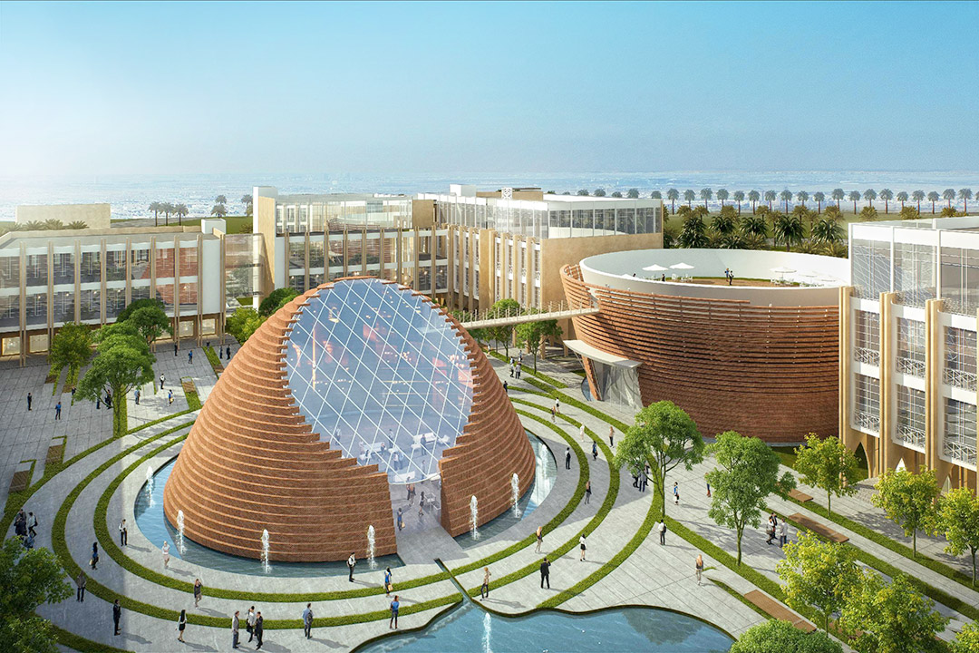 architectural rendering of dome shaped building in Dubai.