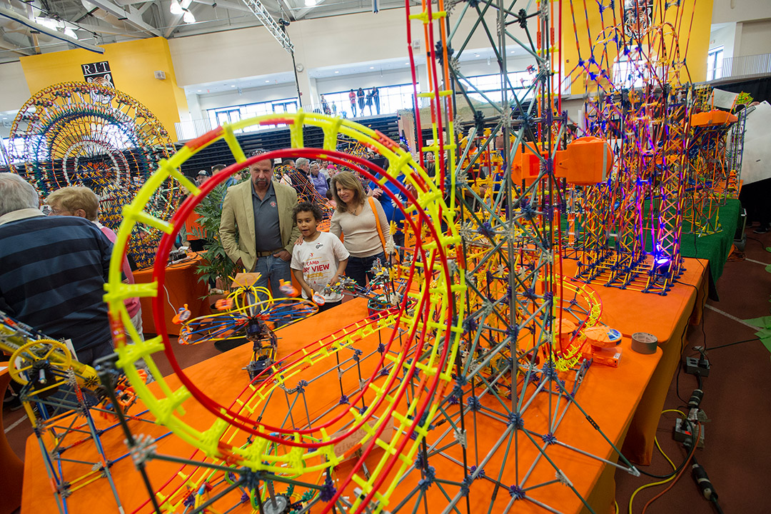 rollercoaster made of colorful K'Nex pieces.