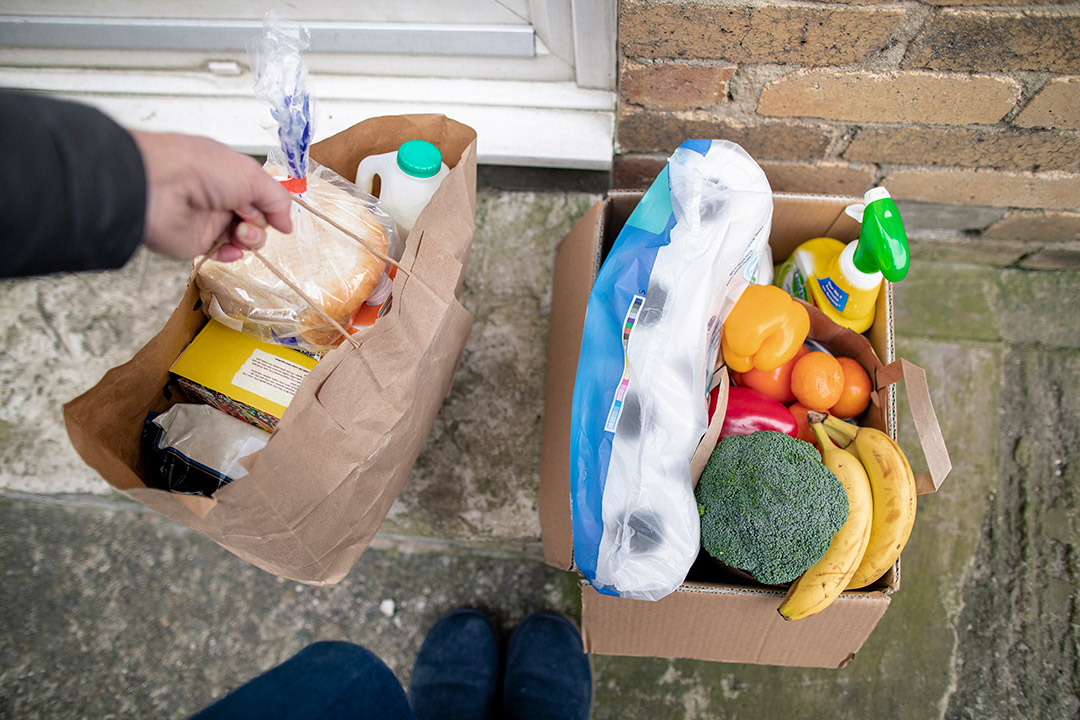 person setting paper bag of groceries on the front step of a house next to a cardboard box of groceries.