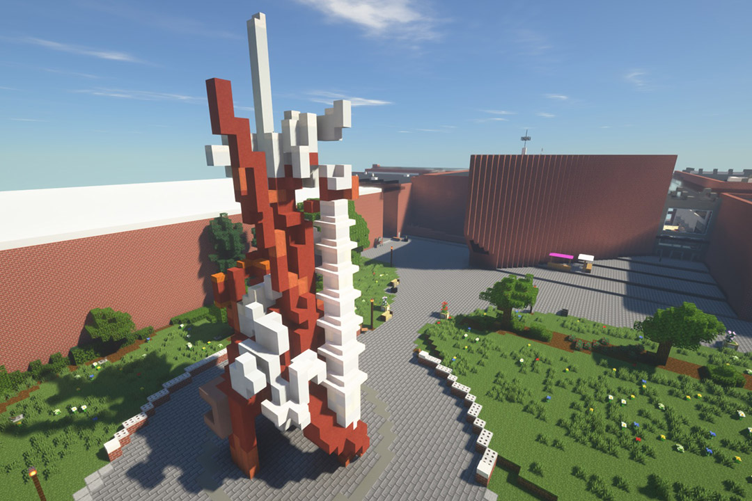 statue on RIT campus recreated using Minecraft bricks.