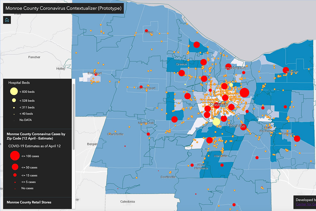 map of Monroe County in New York state showing coronavirus cases.