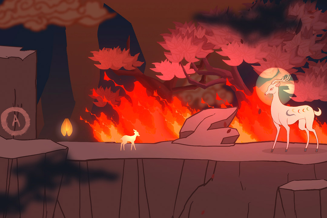 screenshot from animated video game of two deer on a rocky cliff with a forest fire in the background.