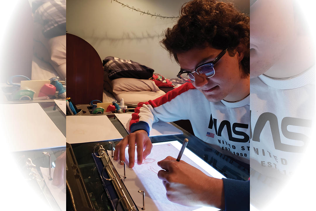 Student Nick Passanese works on a makeshift light table for animation at home.