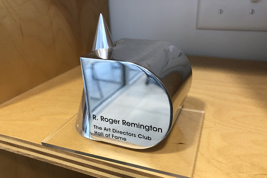 A trophy marking R. Roger Remington's induction into the Art Directors Club Hall of Fame.