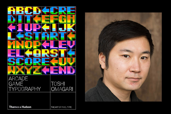 book cover for Aracde Game Typography next to author's headshot.