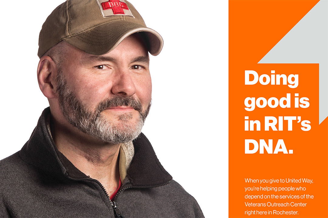 poster with man's face that reads: Doing good is in RIT's DNA.