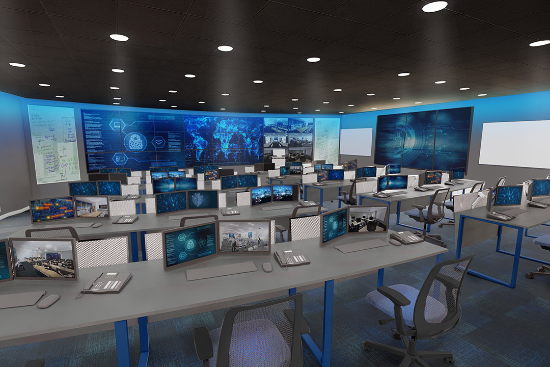 rendering of Cyber Range, with tables, computers and large display screens.