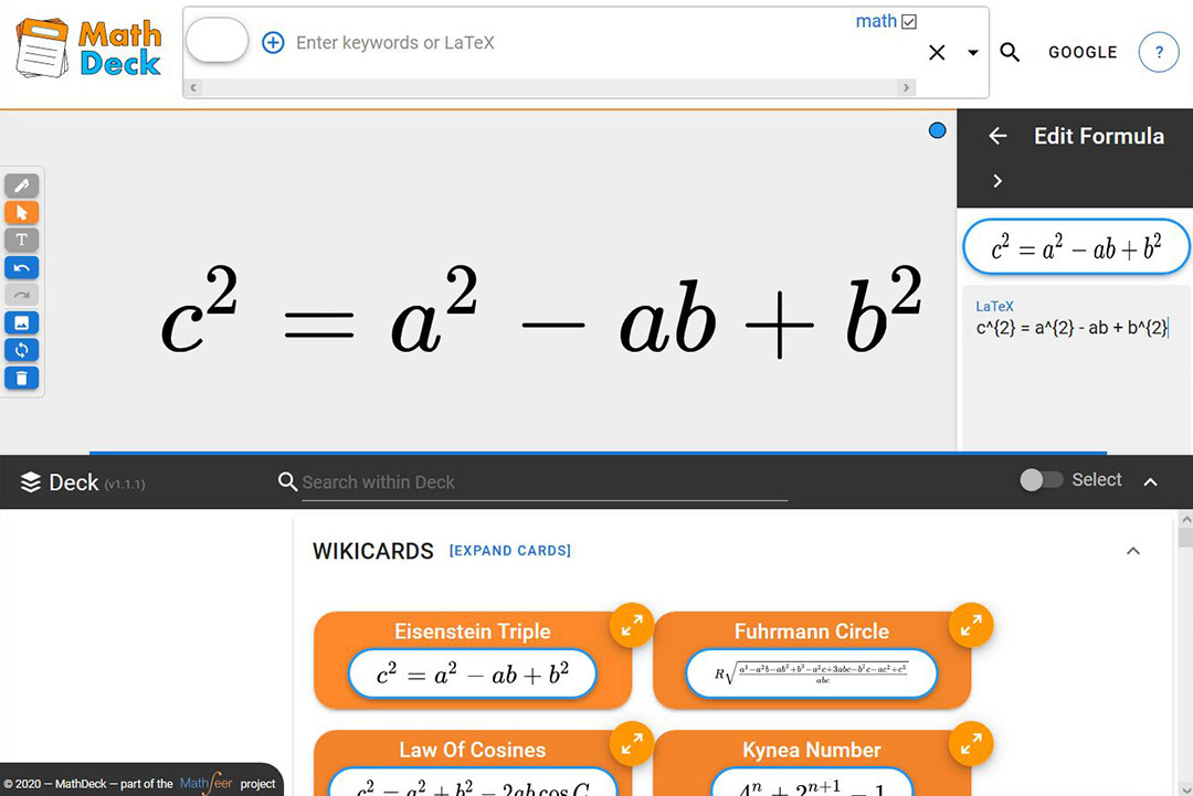 screenshot of program that searches math formulas.