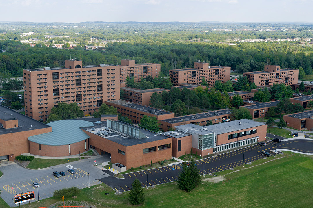 aerial view of dorm buildings on RIT campus.