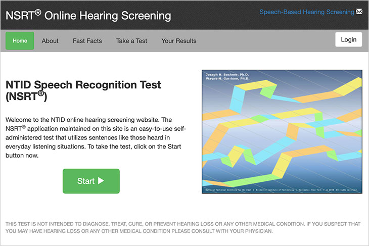 screenshot of NTID Speech Recognition Test online hearing screening website.