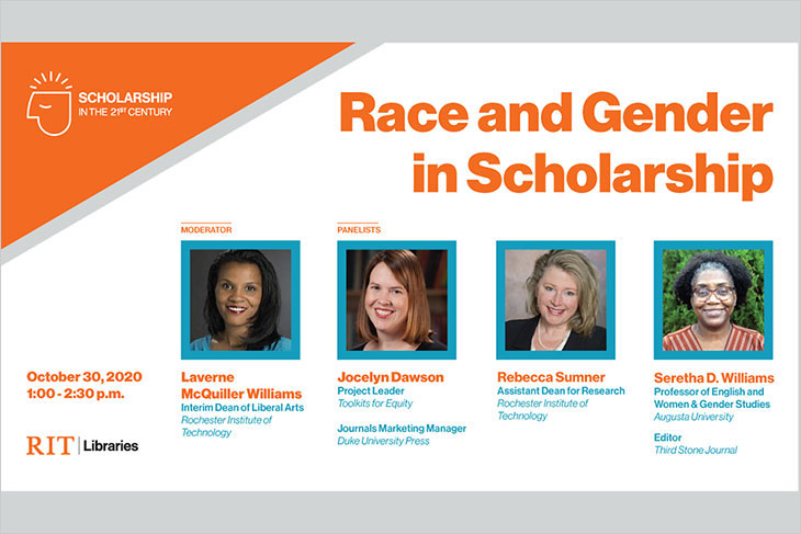 poster for Race and Gender in Scholarship event, 1-2:30 p.m. October 30, with Laverne McQuiller-Williams, Jocelyn Dawson, Rebecca Sumner and Seretha Williams.