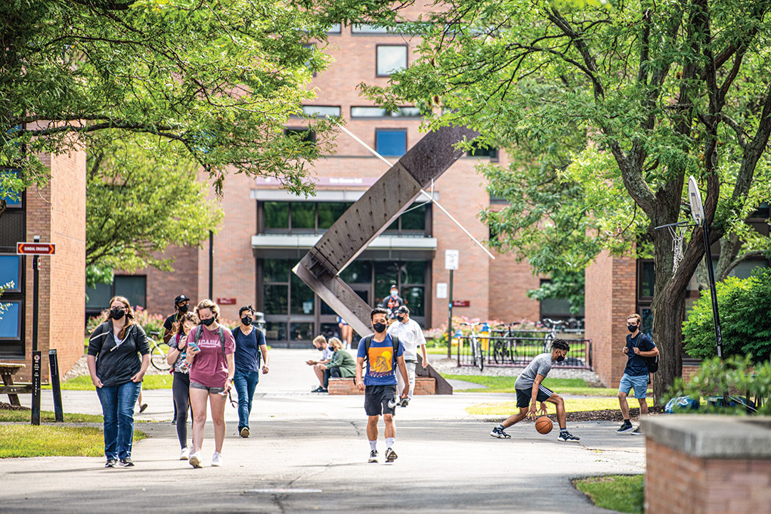 students walking to class outside.