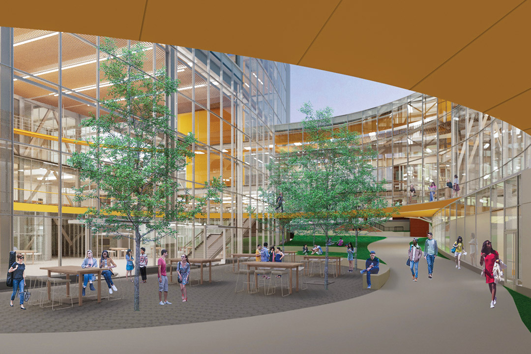 artist's rendering of courtyard bound by two bridges and a glass building.
