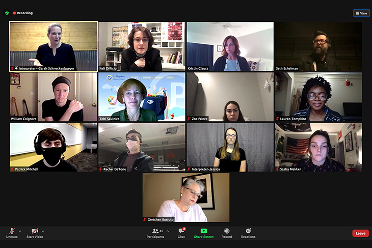 screenshot of 13 people on a Zoom videoconference call.