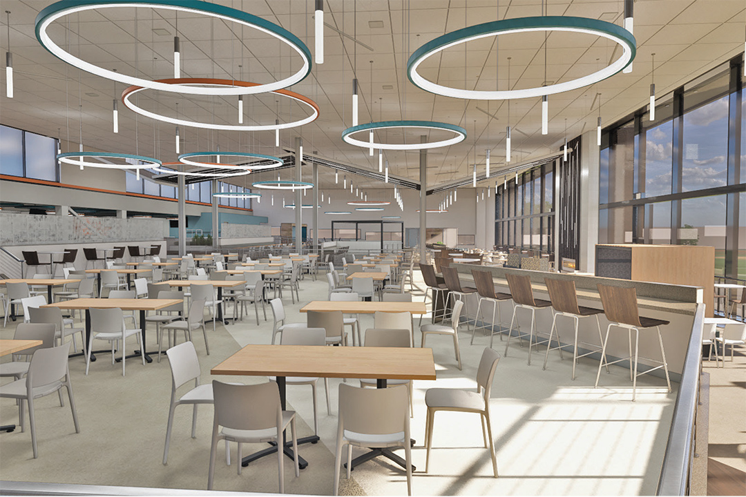 artists rendering of tables and chairs in a dining hall.