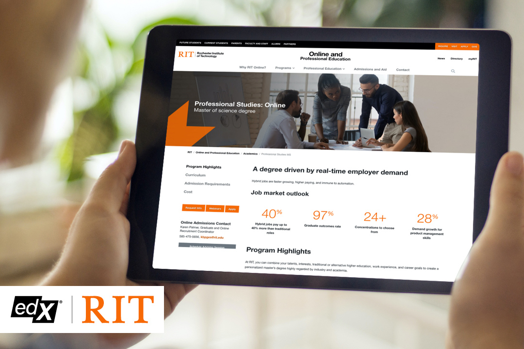 user holding tablet that shows the RIT Online and Professional Education website.