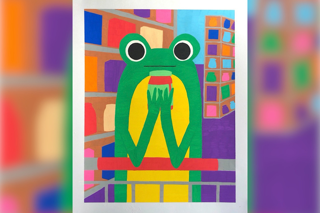 An illustration of a frog holding a jar in a grocery store.