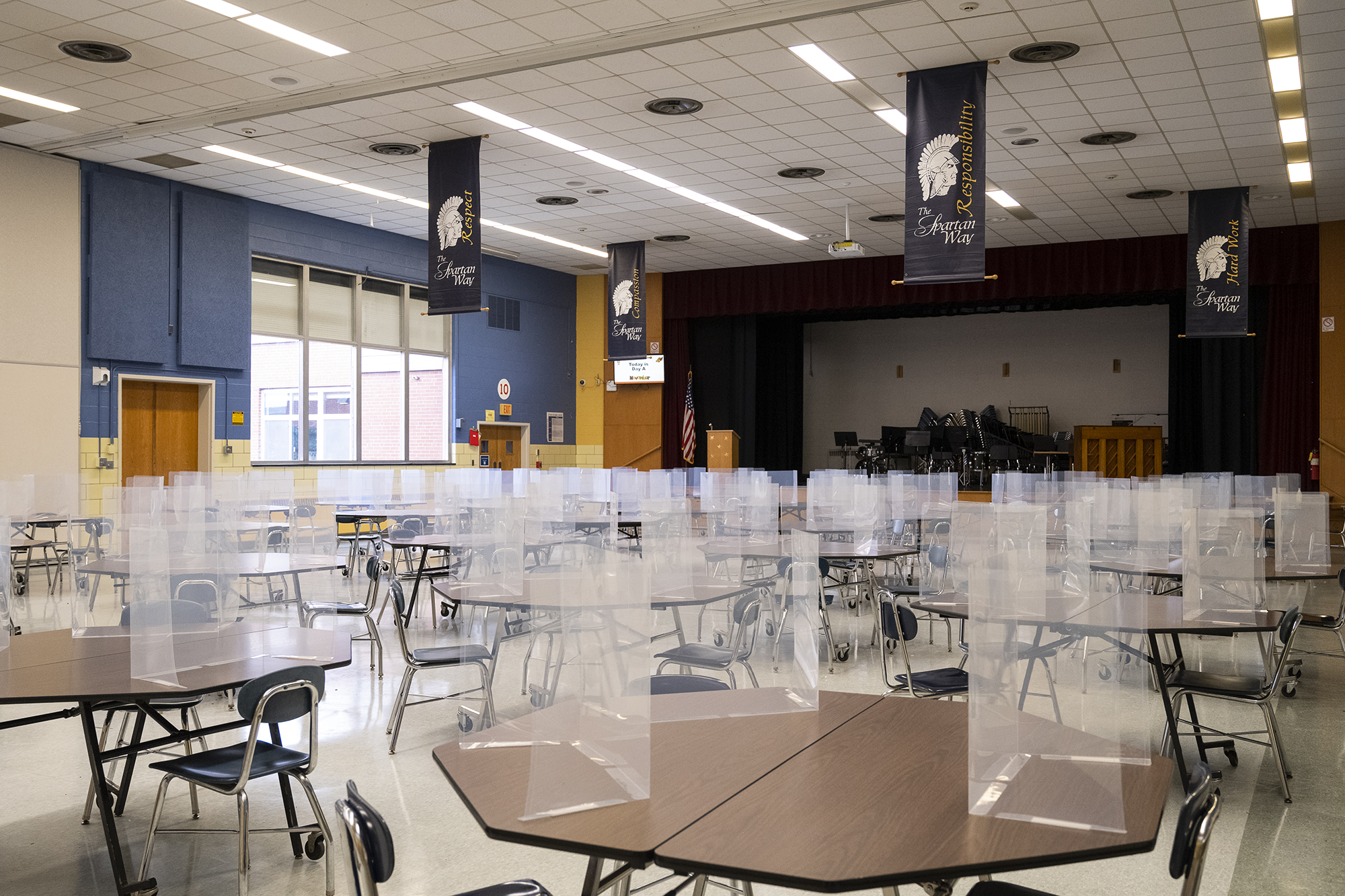 A view of the Gates Chili cafeteria, set up to accommodate social distancing.