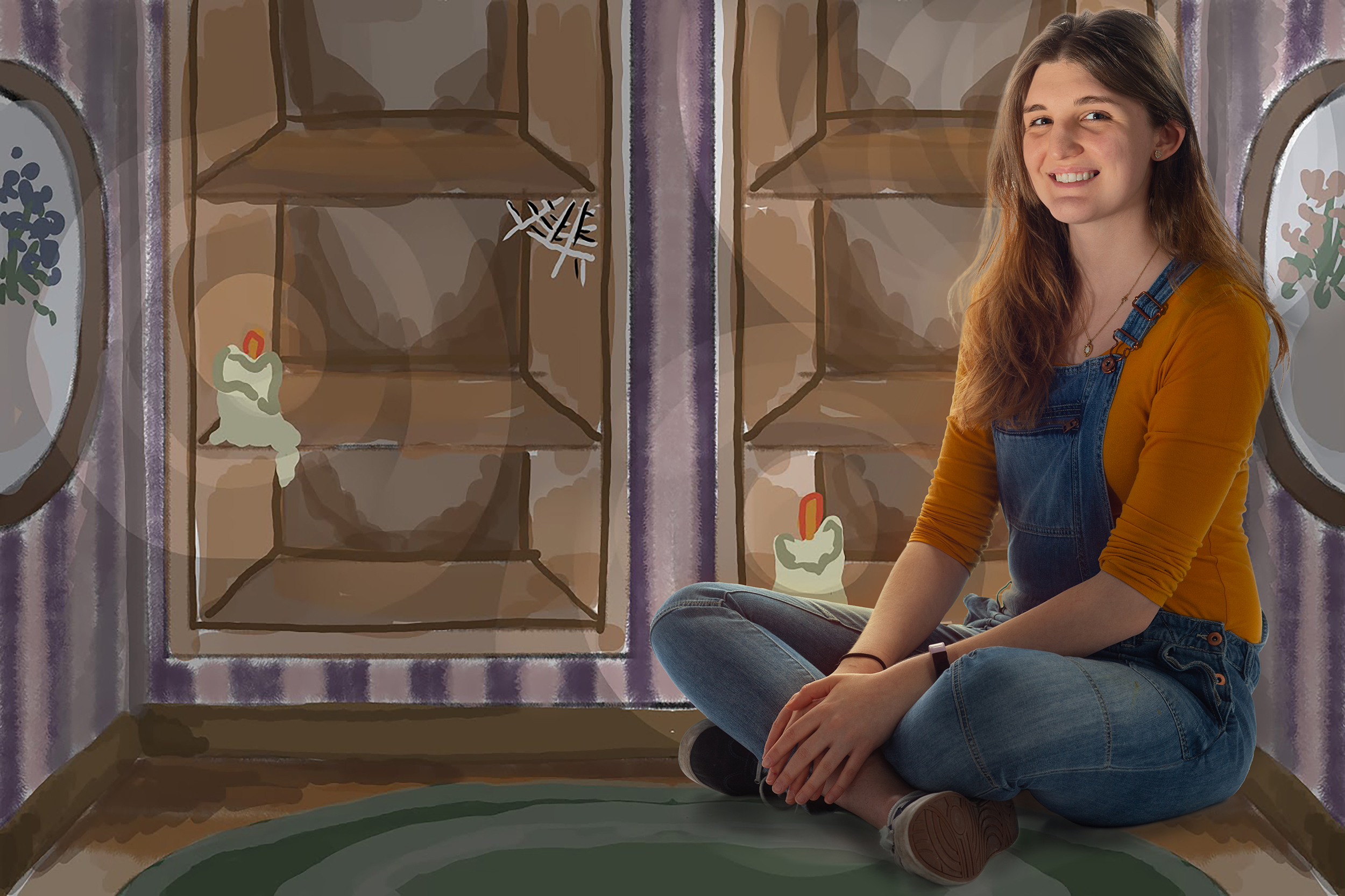 A composite image of Julie Toich set over a background of an illustration. 