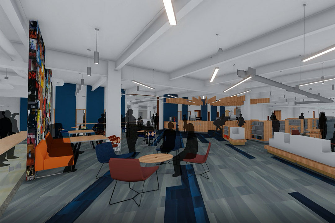 rendering of library circulation desk and several small tables and chairs.