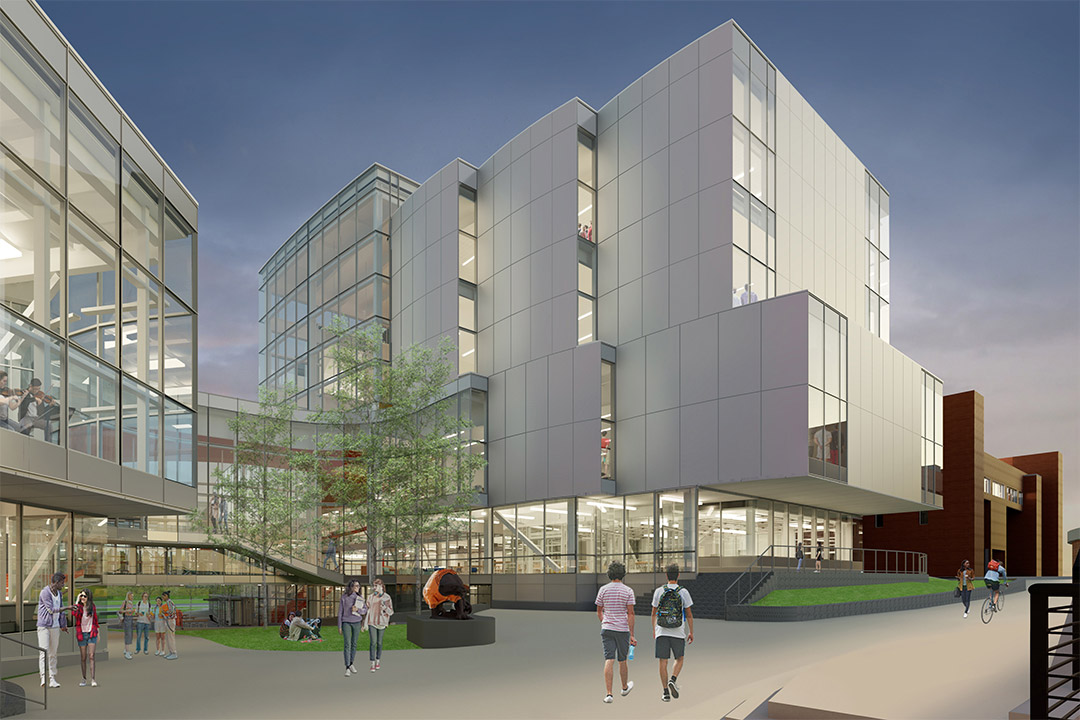 artists rendering of exterior of multi-story glass building.