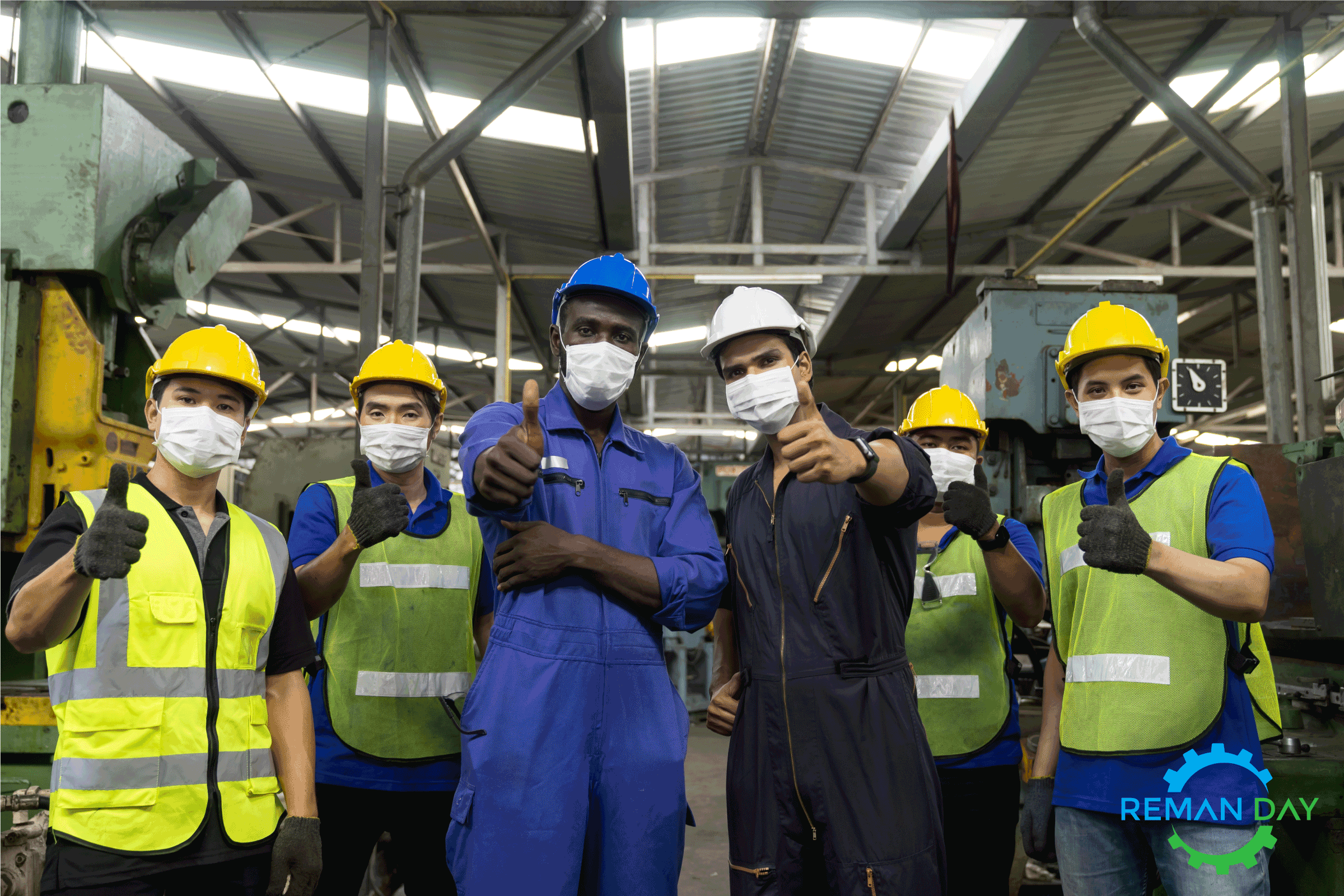 Image of industrial workers with their thumbs up, with the Reman Day logo