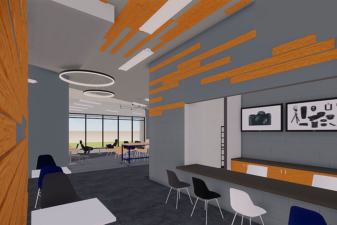 artist rendering of a lounge space with tables and chairs.
