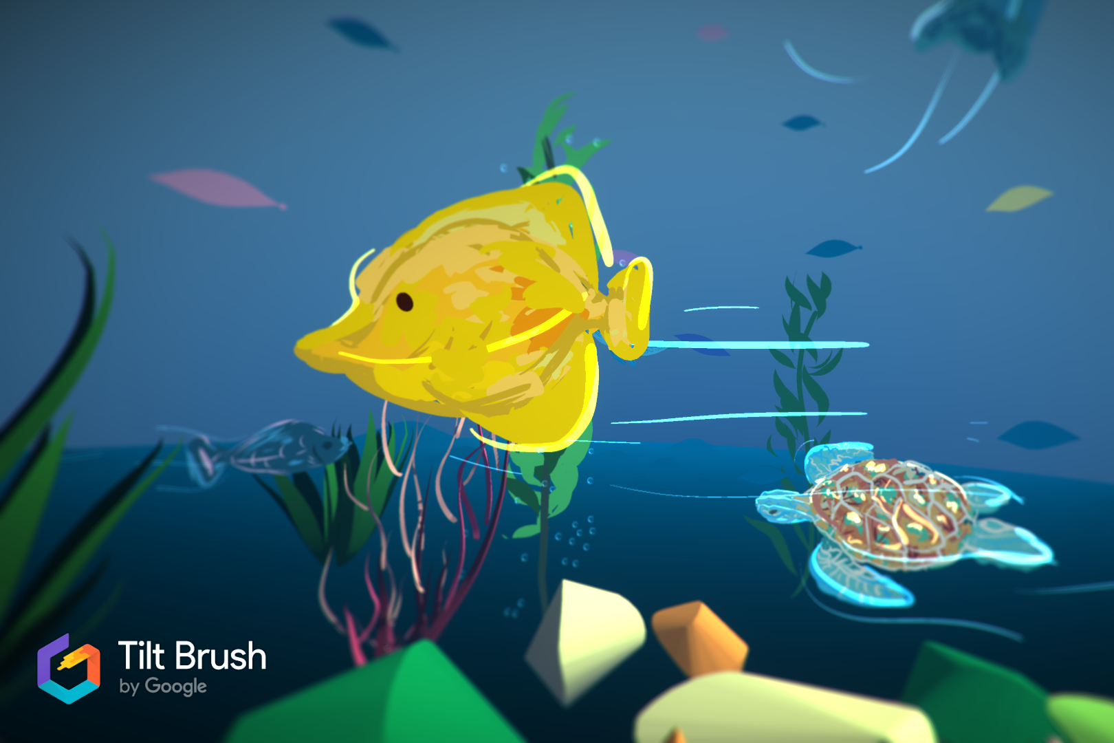 Vibrant-colored sea life, painted into a VR world.