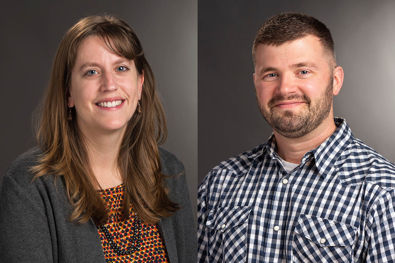 Side-by-side headshots of Kelly McCauley Krish and Christopher Cameron.