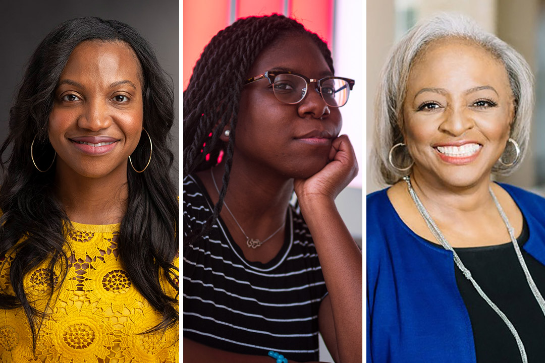 side-by-side portraits of professor Nickesia Gordon, student Trinity McFadden, and professor Carol Anderson.