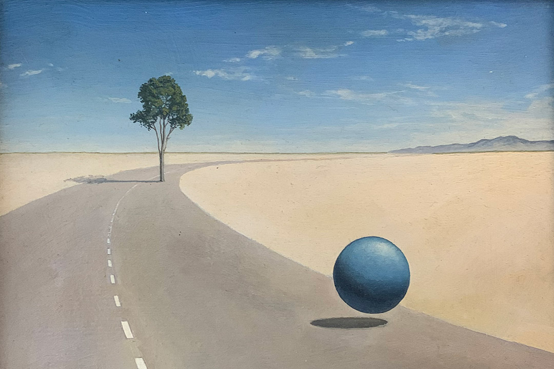 artwork featuring a road in a desert setting with a tree and a blue ball.