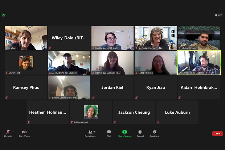 screenshot of 19 people on a Zoom videoconference call.