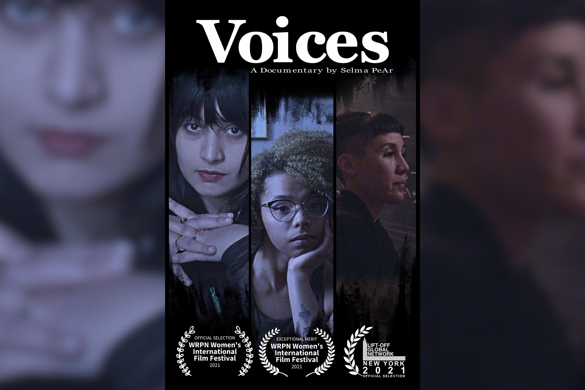 A film poster for Voices, with a triptych of three woman protagonists.