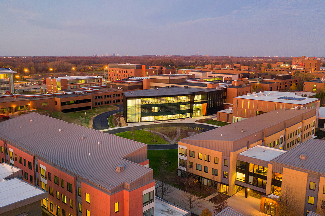 aerial view of several brick buildings on RIT's campus.