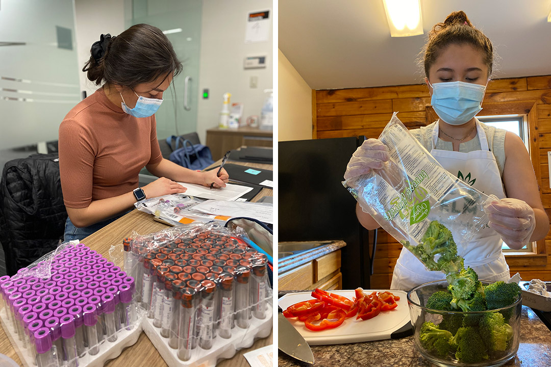 side-by-side images of a student working with test tubes and another student preparing a meal with red peppers and broccoli.