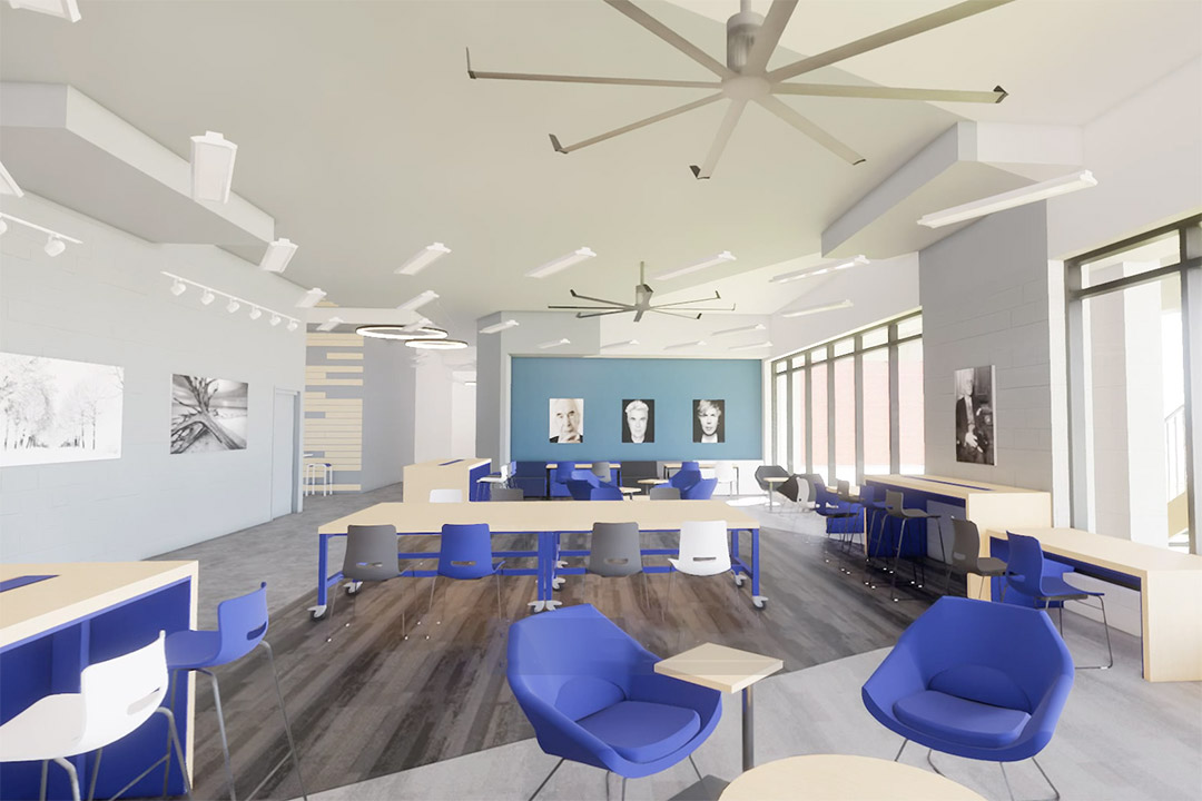 artist rendering of student lounge space with tables and chairs.