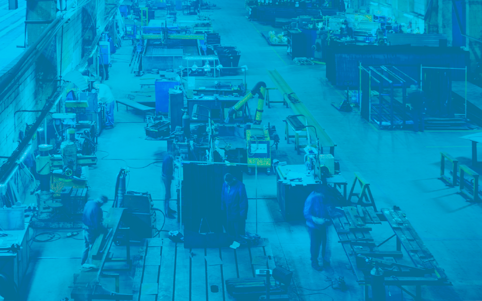 Image of people in a manufacturing warehouse with a blue overlay