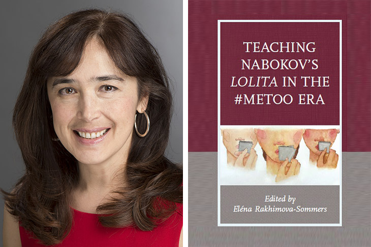 portrait of professor Elena Rakhimova-Sommers next to book cover for Teaching Nabokov's Lolita in the Me Too Era.