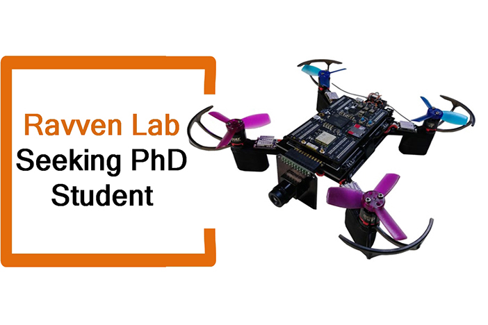 A graphic displaying, "Ravven Lab Seeking Ph.D. Student" and a photo of a drone.