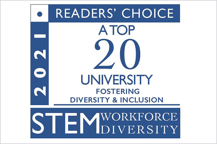 graphic for 2021 STEM workplace diversity reader's choice: a top 20 university fostering diversity and inclusion.