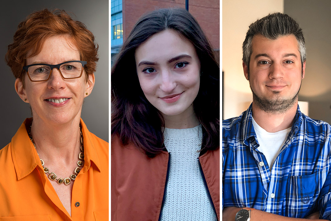 side-by-side portraits of Professor Susan Lakin, student Gia Caruso, and alumnus Matt Olpinski.