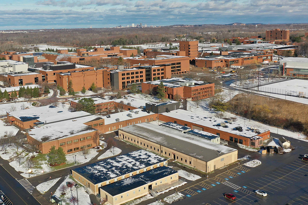 aerial view of campus buildings.