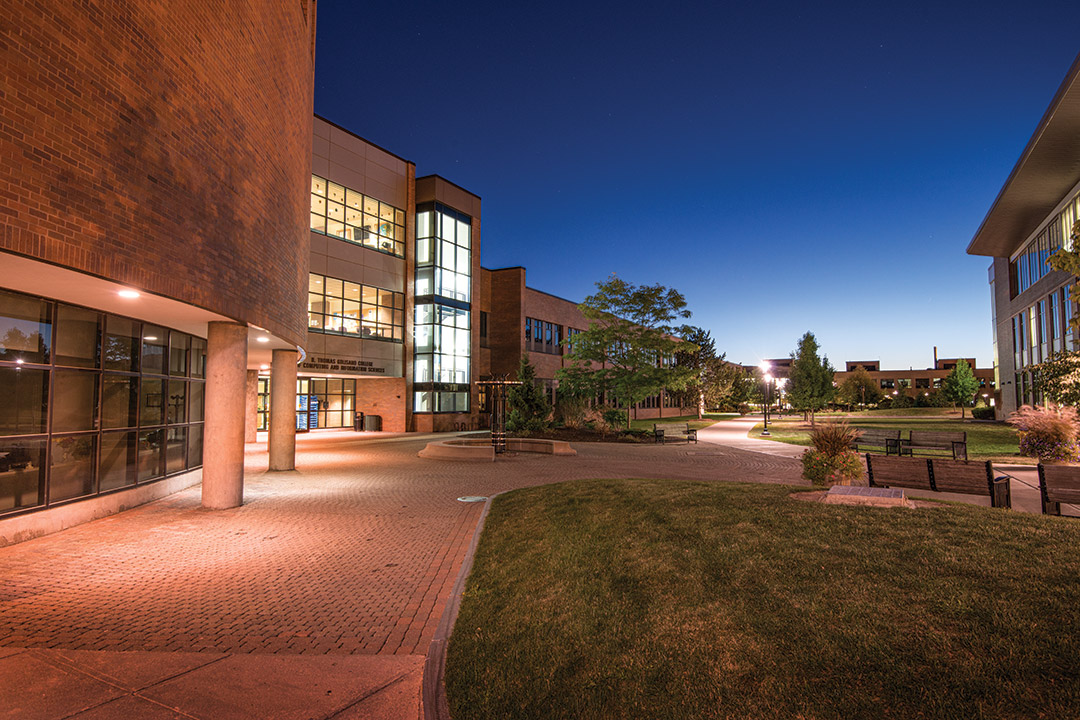 exterior of Golisano Computing building at dusk.