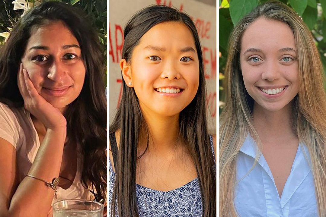 side-by-side portraits of Honors students Swathi Jacob, Bo Allaby, and Sarah Henretta.