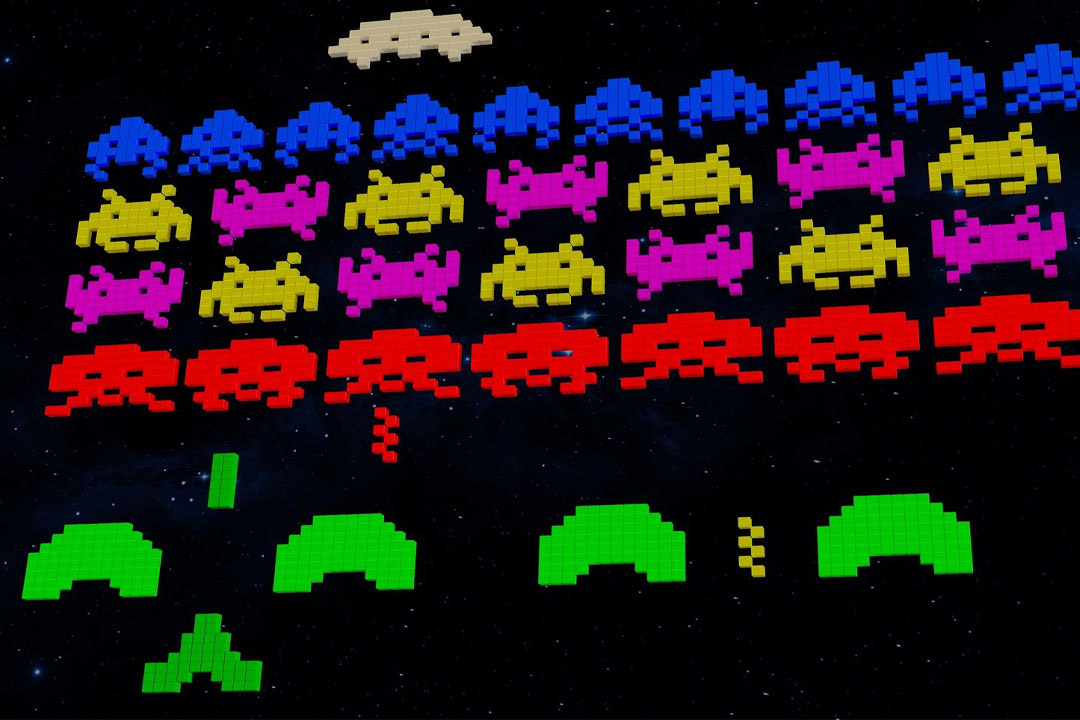 screen showing Space Invaders video game.