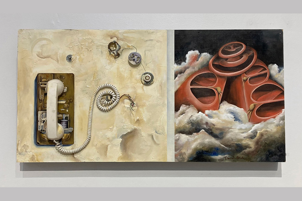 a mixed-media artwork featuring a corded phone.