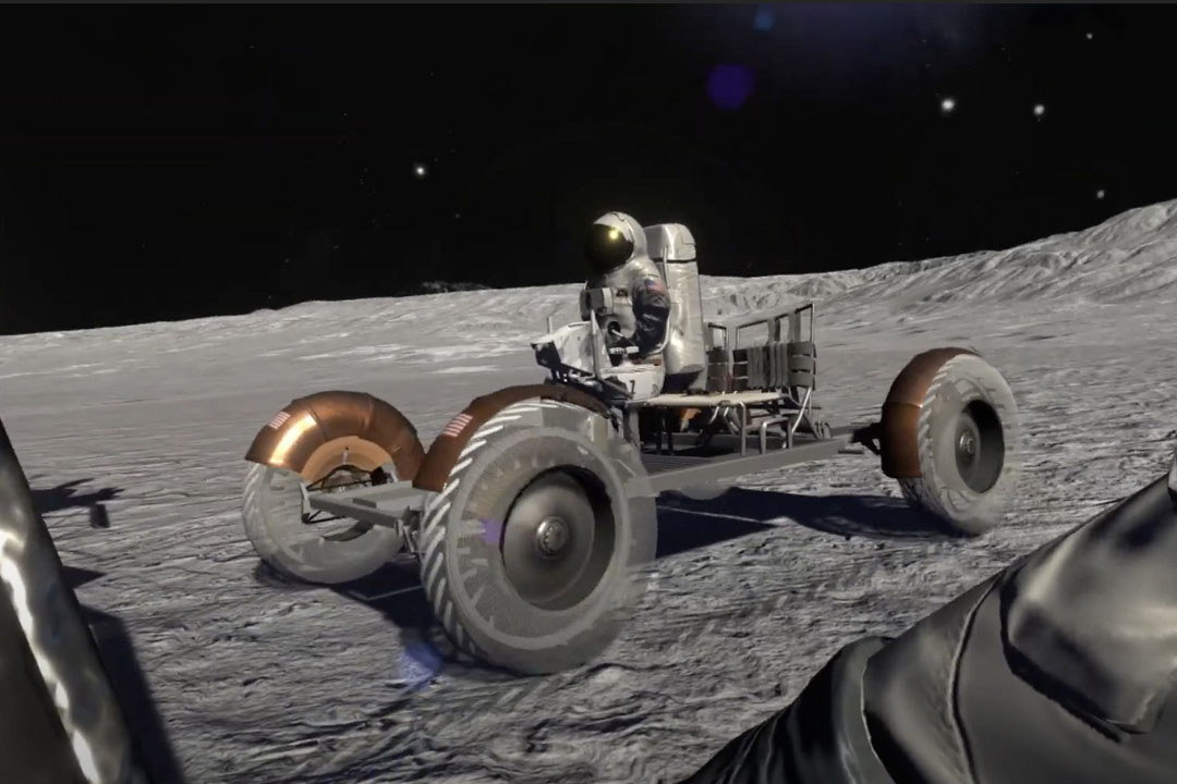 screenshot from a video game of an astronaut driving a rover on the moon.