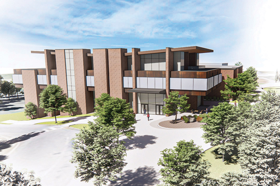 artist rendering of the exterior of a brick academic building.