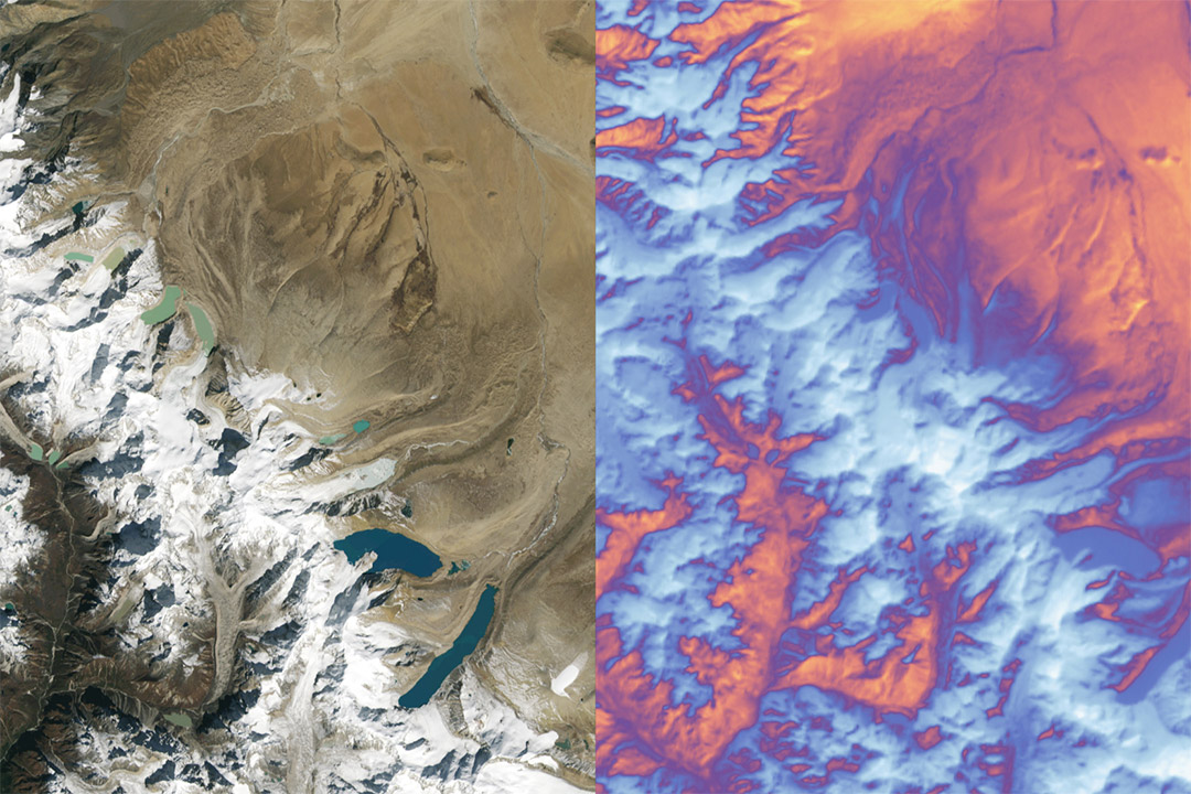 side-by-side images of a mountain range, the left showing the landscape and the right showing a temperature map.